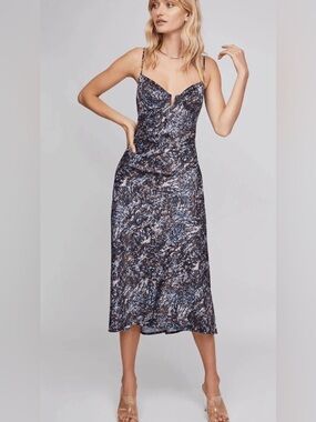 ASTR Coralie Midi Dress Sequin Photo Print Satin Slip Dress L